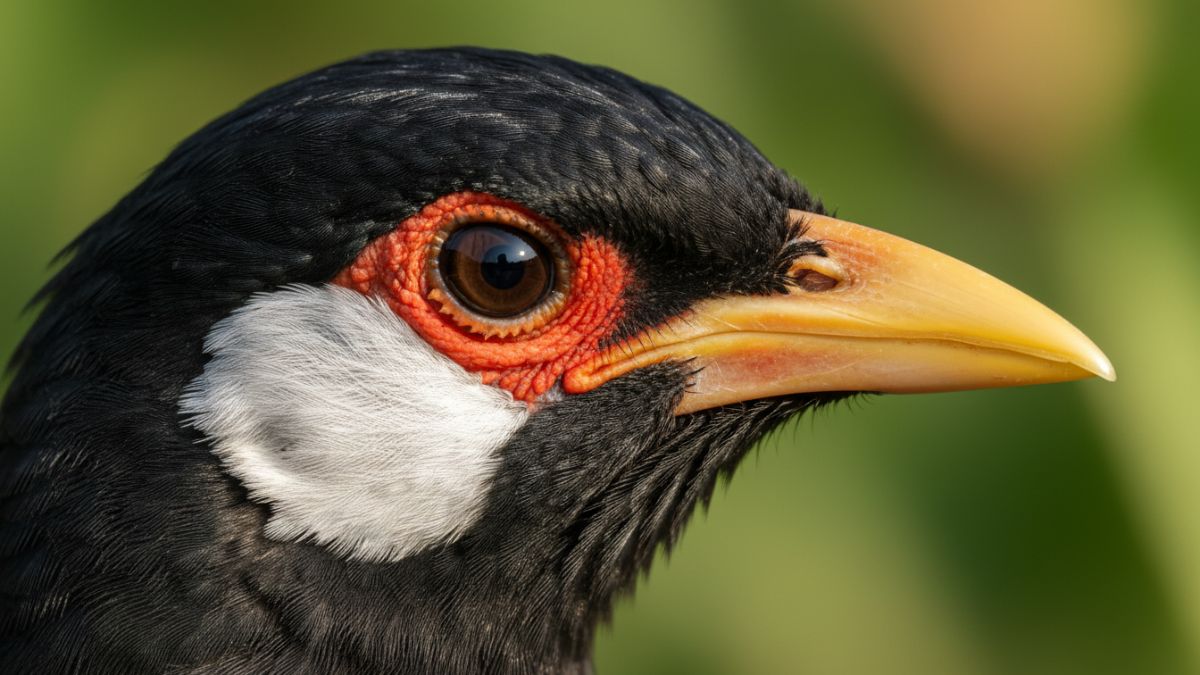 Detail kepala dan kulit mata oranye Jalak Suren