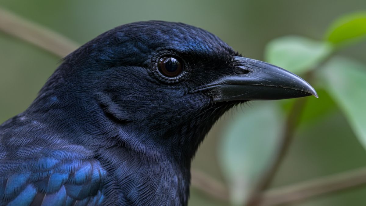 Detail kepala Kacer dengan bulu hitam mengkilap