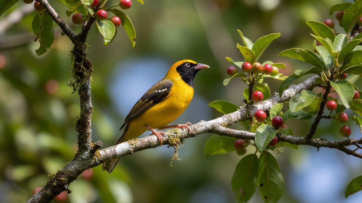 Tampilan penuh tubuh Kepodang Emas Jantan memperlihatkan kontras kuning dan hitam
