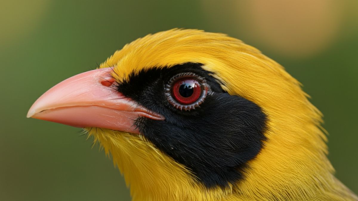 Close up kepala Kepodang Emas menonjolkan topeng hitam dan paruh pink