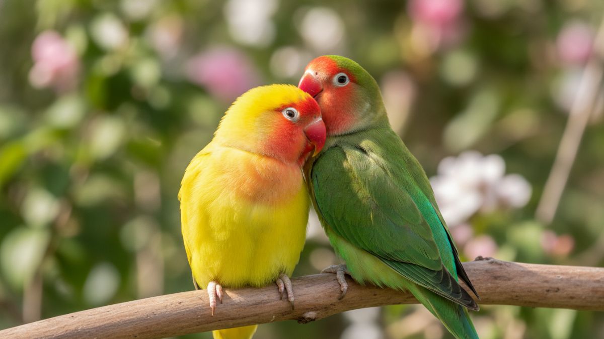 Tampilan seluruh badan sepasang Lovebird dengan variasi mutasi warna