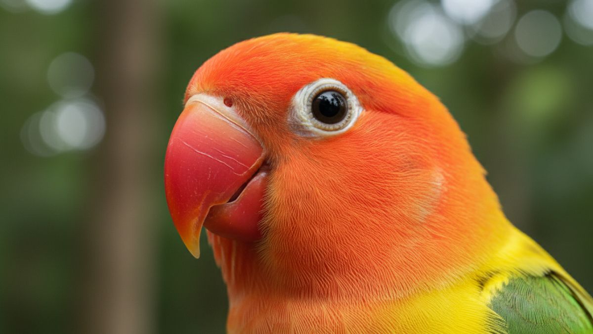 Close up kepala Lovebird memperlihatkan lingkaran putih di mata dan paruh bengkok