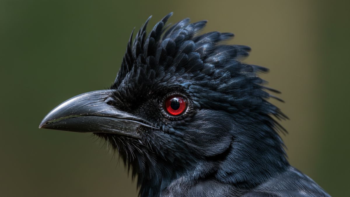 Detail kepala Srigunting Batu menonjolkan mata merah dan jambul keriting